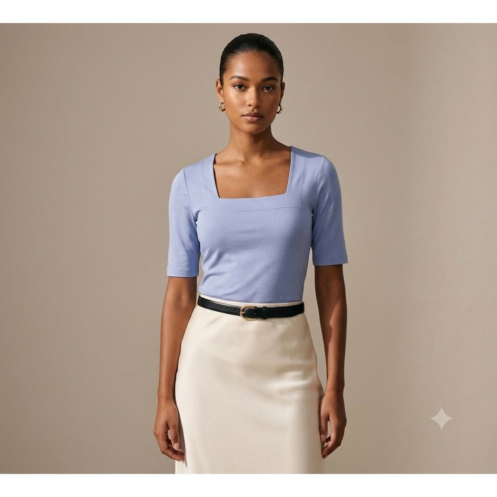 Akris Punto Square Neck Top Sz12 Periwinkle Blue Cotton Knit Blouse Quiet Luxury